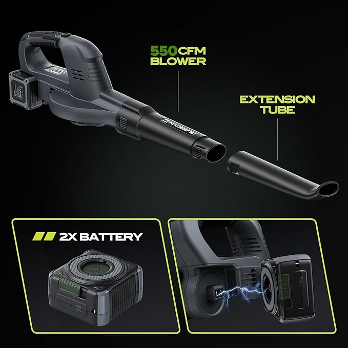 Battery Leaf Blower 550 CFM 240 MPH, Electric Leaf Blower Cordless with 2X 6000mAh Battery, Lightweight, High Power, Portability, Lawn Blower for Gardeners of All Abilities