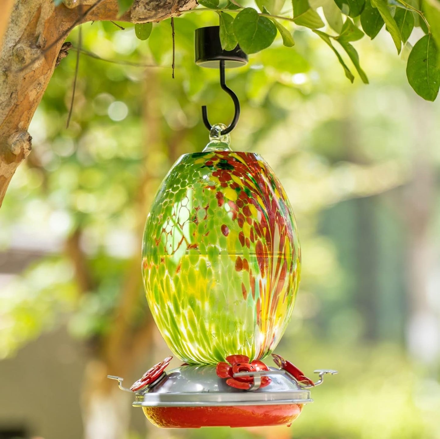 Muse Garden Glass Humming Bird Feeders for Outdoors - 27OZ Blown Glass Hummingbird Feeder - Unique Gift for Mom Women Grandparents, Outdoors Hanging Garden Decor, Ant Moat & Brush, Green Floral
