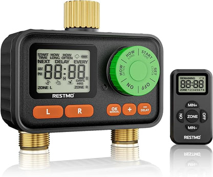 RESTMO RF Remote Controlled Sprinkler Timer with Brass Inlet & Outlet, Water Timer for Garden Hose, Automatic/Manual/Rain Delay for Outdoor Faucet, Drip Irrigation and Lawn Watering, 2 Outlet