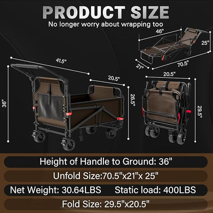 LEVELEVE Heavy Duty Folding Wagon - 2-in-1 Collapsible Cart, 400lb Capacity, All-Terrain Wheels w/Brakes & Side Pockets (Brown)