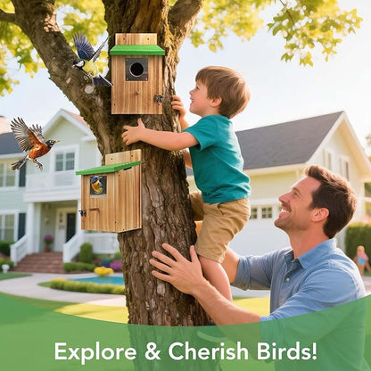 2 Pack Bird Houses for Outside - Cedar Bluebird Houses with Metal Predator Guard, Birdhouse for Wren Bluebirds Finches Swallows, Carbonized Wooden