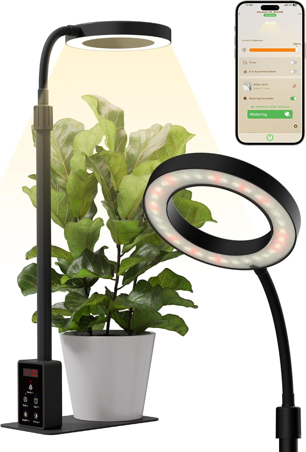 GLOWRIUM Smart LED Grow Lights for Indoor Plants, Desk Plant Light with Bluetooth App Control, 8W Full Spectrum Grow Lamp, Height Adjustable 16"-23", Auto Timer, Watering Reminder for Small Plants