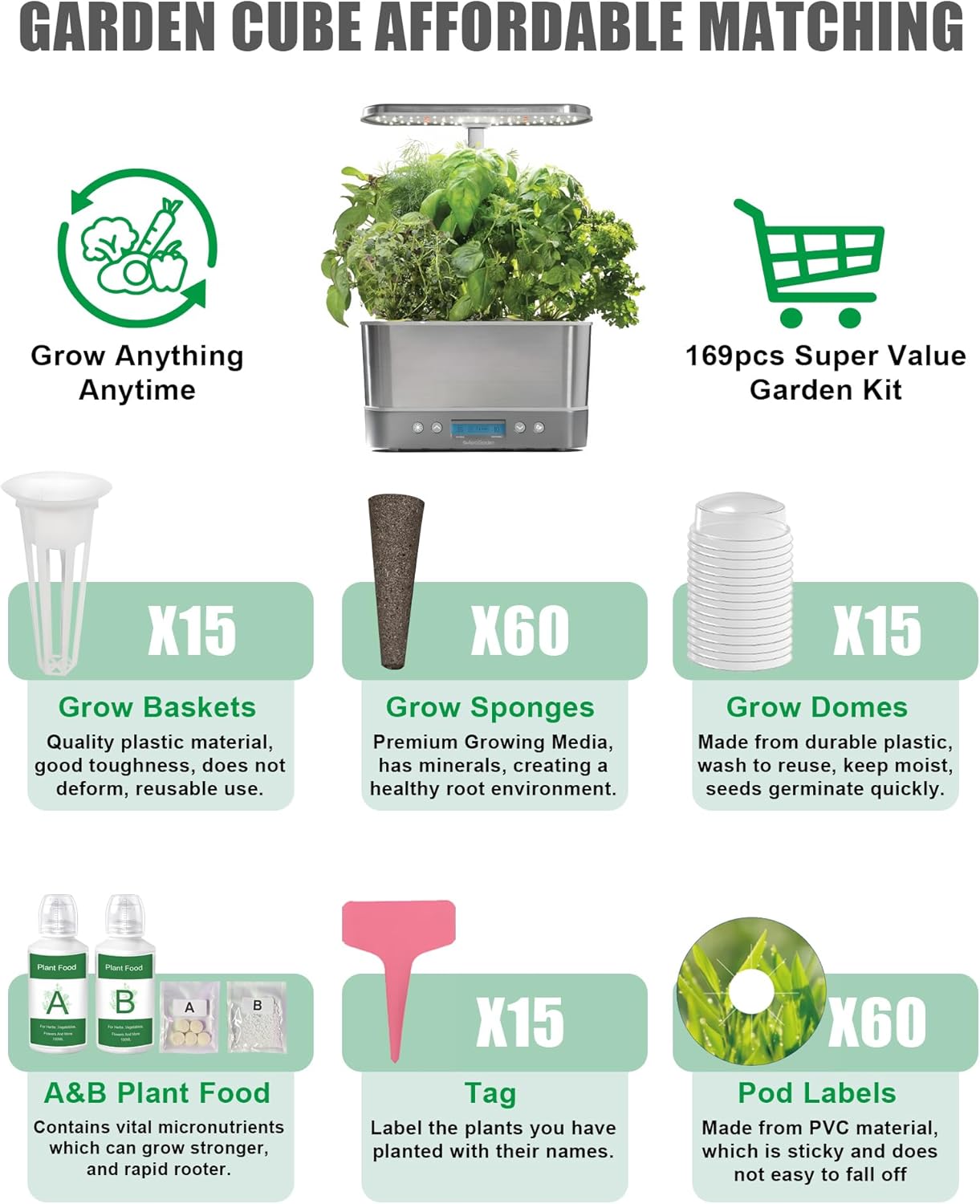 167 Pcs Hydroponic Seed Pods Kit Supplies for Aerogarden Pods,60 Grow Sponges,15 Grow Baskets,15 Grow Domes,60 Pod Labels,15 Labels,2 A&B Plant Food - Hydroponic Supplies Compatible with Most Brands