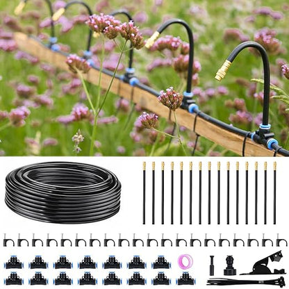 360° Automatic Drip Irrigation Kit - 5/16'' Tubing, Adjustable Universal Spray Nozzle, Copper Atomizing System for Garden/Lawn/Greenhouse - Multi-Directional Rotation, Quick Connectors, 49FT