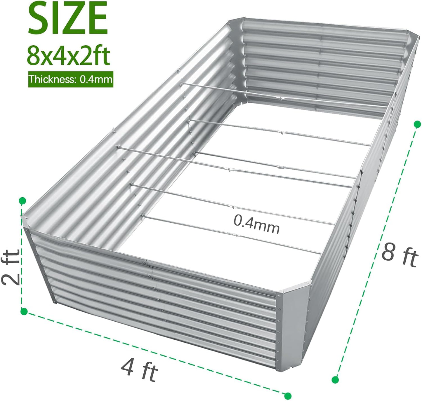 8x4x2ft Galvanized Raised Garden Bed, Planter Raised Garden Boxes Outdoor, Large Metal Raised Beds for Gardening, Garden Bed for Vegetables, Flowers, Herb, Silver