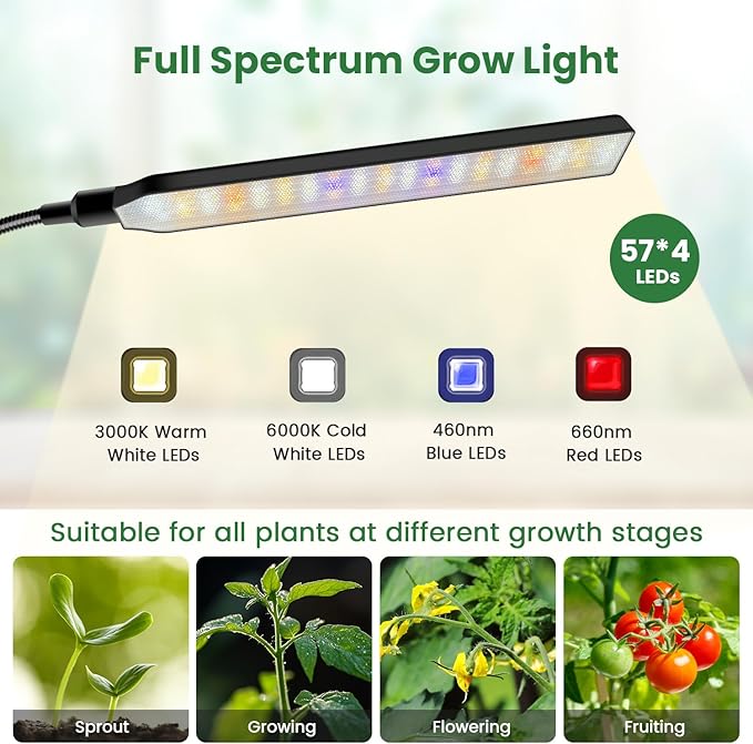 Grow Lights for Indoor Plants with Stand, 4-Heads Full Specturm Plant Grow Light with 4/8/12/16H Timer, 3 Color Modes, 360° Flexible Gooseneck, 24-68.7in Hight Adjustable Grow Lamp, Black