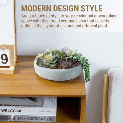 MyGift 8 Inch Round Modern Artificial Succulent Arrangement Potted in Gray Concrete Plant Bowl, Assorted Faux Mini Succulents in a Decorative Planter Pot