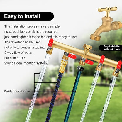 Garden Hose Splitter, 3/4” Rust and Freeze Resistant Outdoor Hose Manifold with 5 Red Extra Long Handles Faucet Adapter-Heavy Duty Brass 5-Way Valve