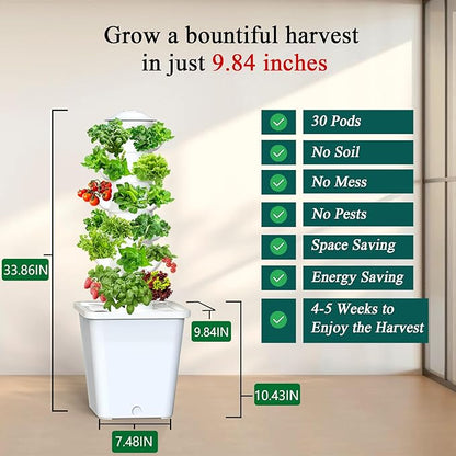 Hydroponics Growing System, 30-Plant Indoor Hydroponic Tower with Pump System, Plants Germination Kit, Smart Aeroponic Herb Garden, Vertical Hydroponic System for Gardening Lover (No Seed)