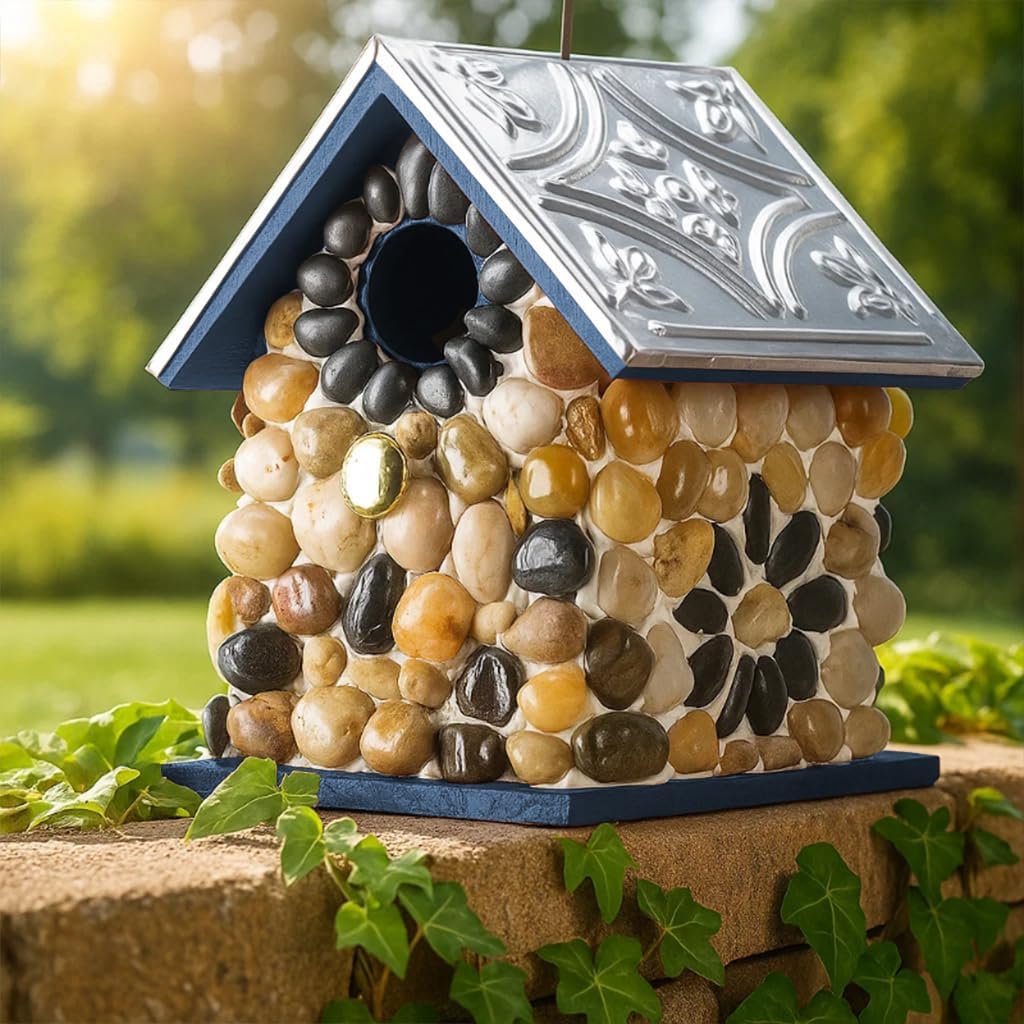 Masterpiece Bluebird Bird House for Outside Clearance, Cedar Bird House Bird Feeder for Outdoor, Stone Villa, Hanging Birdhouse for Outside, Pole Mountable, 10 Yrs Longtime Lasting (Blue)