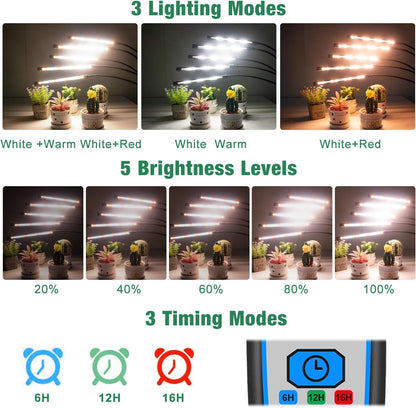 Garpsen Grow Lights for Indoor Plants, 5 Heads Full Spectrum Grow Light with Adjustable Tripod Stand, 100PCS LEDs Plant Light for Indoor Plants with 6/12/16H Timer and 3 Light Modes