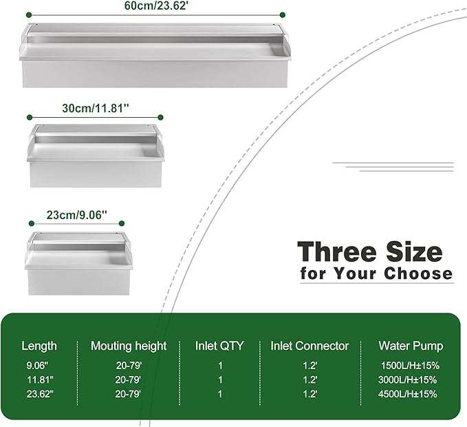 Waterfall Pool Fountain LONGRUNNEW 304 Stainless Steel 9.06" Rectangular Waterfall Spillway, Water Fall Fountain with Pipe Connector for Garden Outdoor, Swimming Pools, Fountains, Pond and Spa