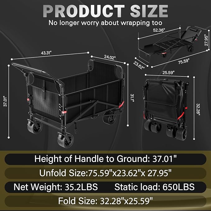 LEVELEVE Heavy Duty Folding Wagon - 2-in-1 Collapsible Cart, 650lb Capacity, All-Terrain Wheels w/Brakes & Side Pockets (Black)