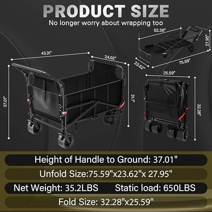 LEVELEVE Heavy Duty Folding Wagon - 2-in-1 Collapsible Cart, 650lb Capacity, All-Terrain Wheels w/Brakes & Side Pockets (Black)