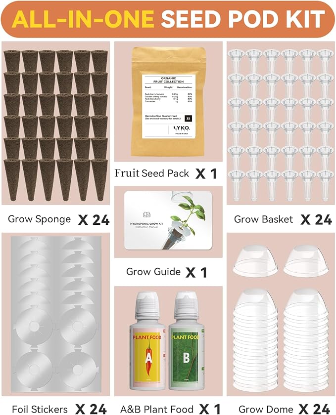 LYKOCLEAN Fruits Seed Pod Kit for AeroGarden, Ahopegarden, iDoo, GARDENCUBE, MUFGA with Strawberry, Cucumber, Red/Golden Cherry Tomato, Compatible with All Indoor Hydroponics Growing System, 24-Pod