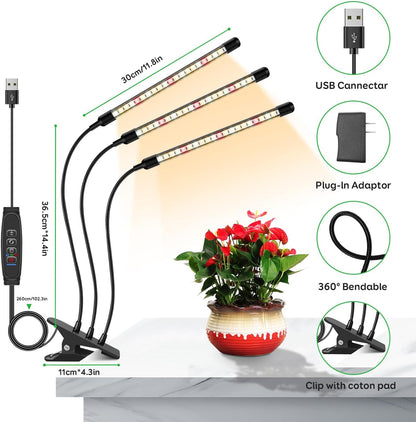 Full Spectrum LED Grow Light for Indoor Plants, 3Heads Grow Lights for Seed Starting, 10 Dimmable Levels & 3 Timer Modes (3/9/12H), Adjustable 360° Gooseneck with Clip, Plant Grow Light 2 Pack