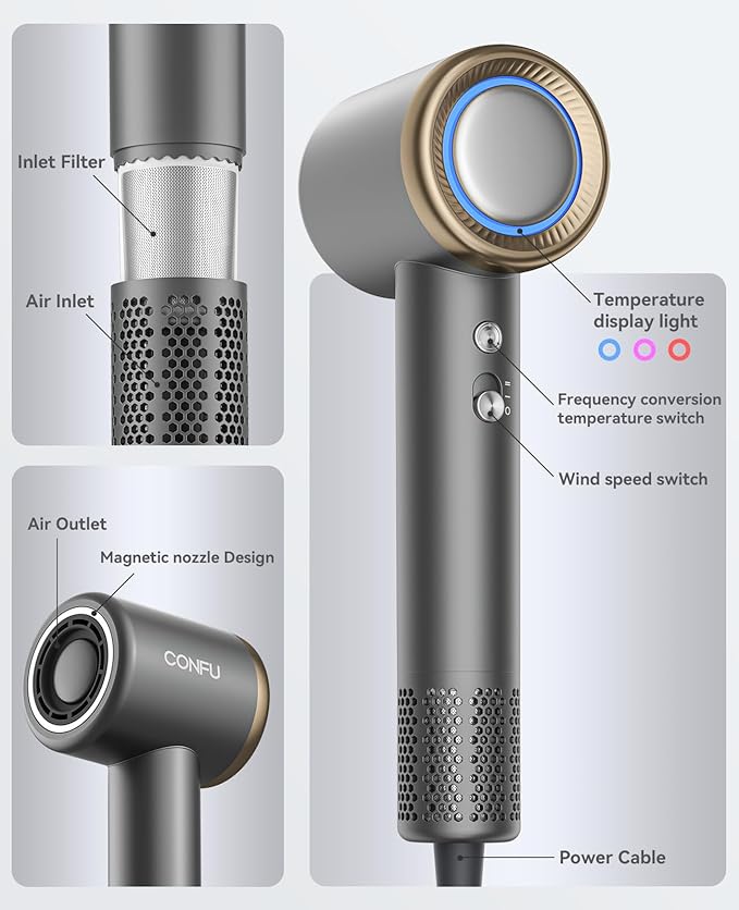 Hair Dryer, CONFU Ion Hair Dryer with Diffuser for Curly Hair, 110000 RPM Professional High Speed Blow Dryer, 1400W Diffuser Hairdryers Fast Drying for Women Men