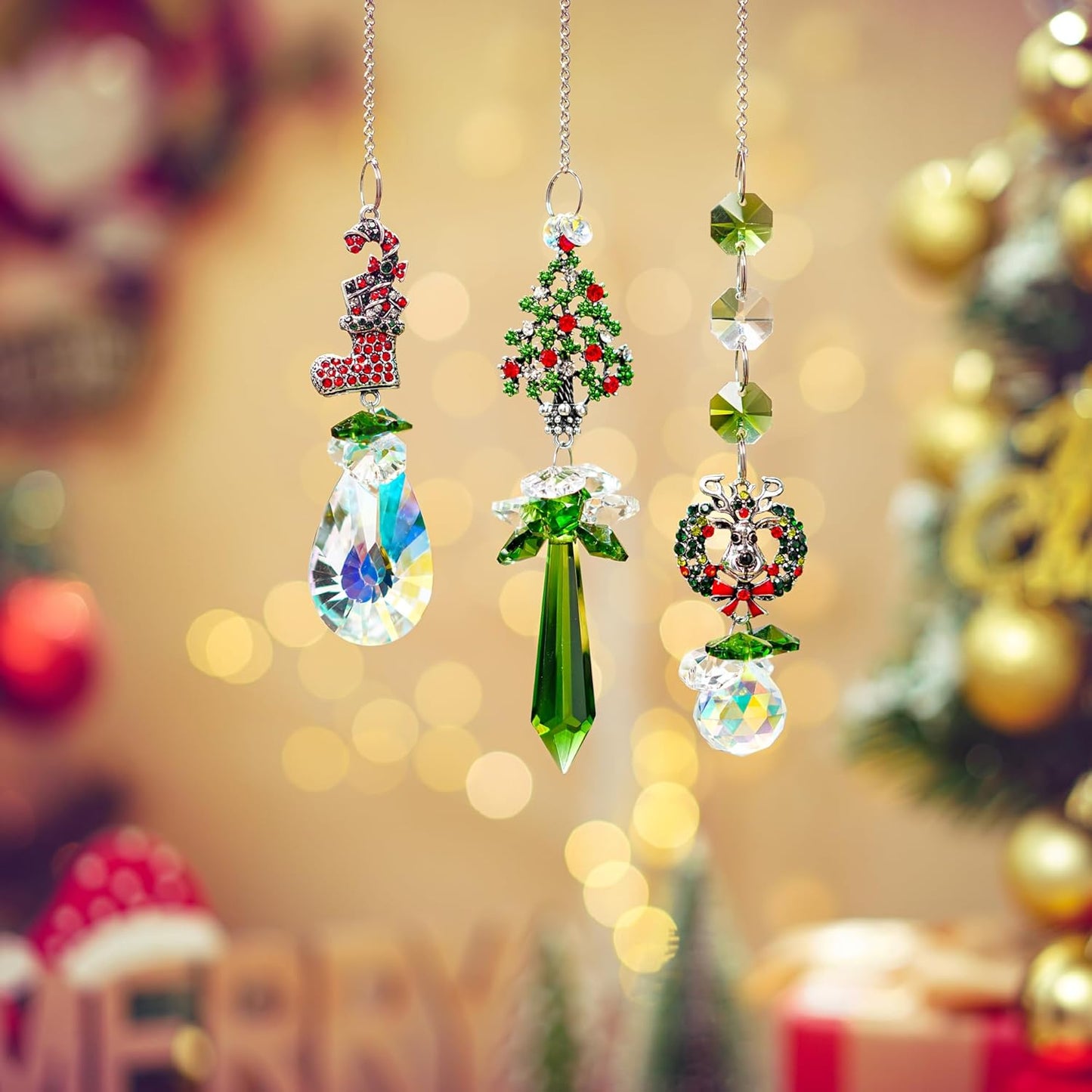 H&D HYALINE & DORA Suncatcher Crystal Christmas Ornaments 3PCS Rhinestones Crystal Pendants Hanging for Decorating Christmas Trees
