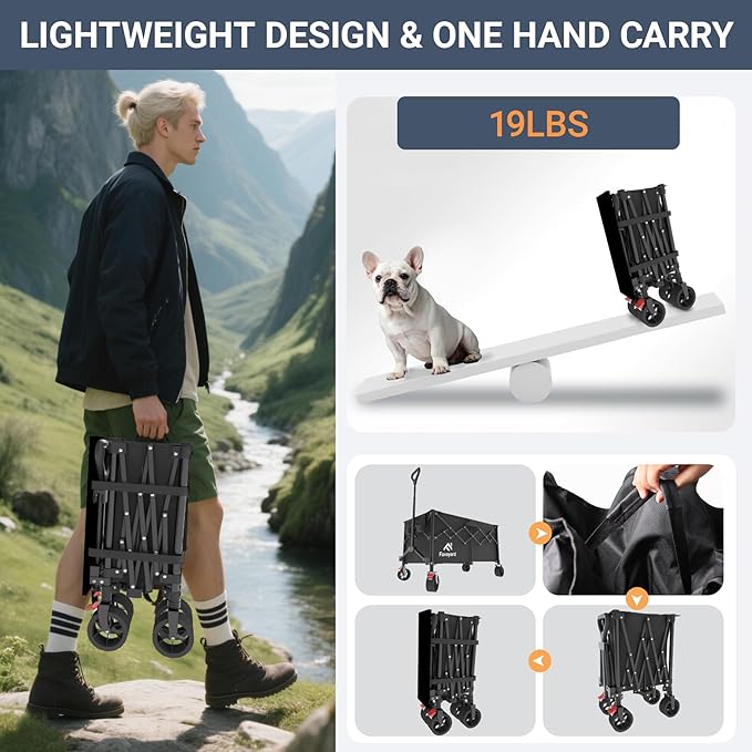 Favoyard Extra Large Collapsible Wagon Carts Foldable 360LBS Heavy Duty Beach Wagons with Big Wheels & Brakes Portable Folding Cart for Shopping Grocery Utility Sports Garden Camping Outdoor