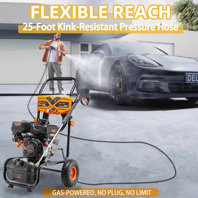 Gas Pressure Washer 3500PSI, 209CC 2.3GPM Gas Power Washers with 25FT Hose, 4 Quick-Connect Nozzles, Soap Tank, Axial Pump, Commercial High Pressure Washers Gas Powered for Car Driveway Wall