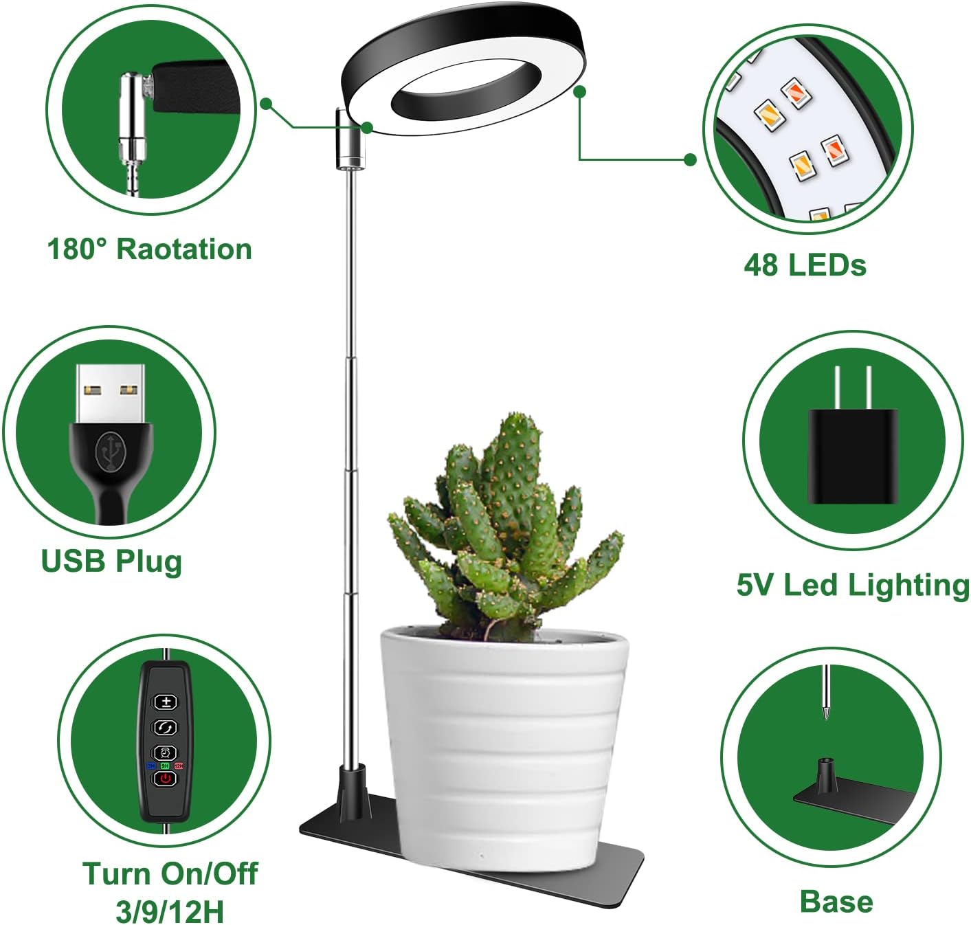 Grow Lights for Indoor Plants, Full Spectrum Plant Lights for Indoor Growing, Height Adjustable Halo Grow Light with Base, 3 Optional Spectrums, Auto Timer 3/9/12Hrs, 10 Brightness, 5 Pack