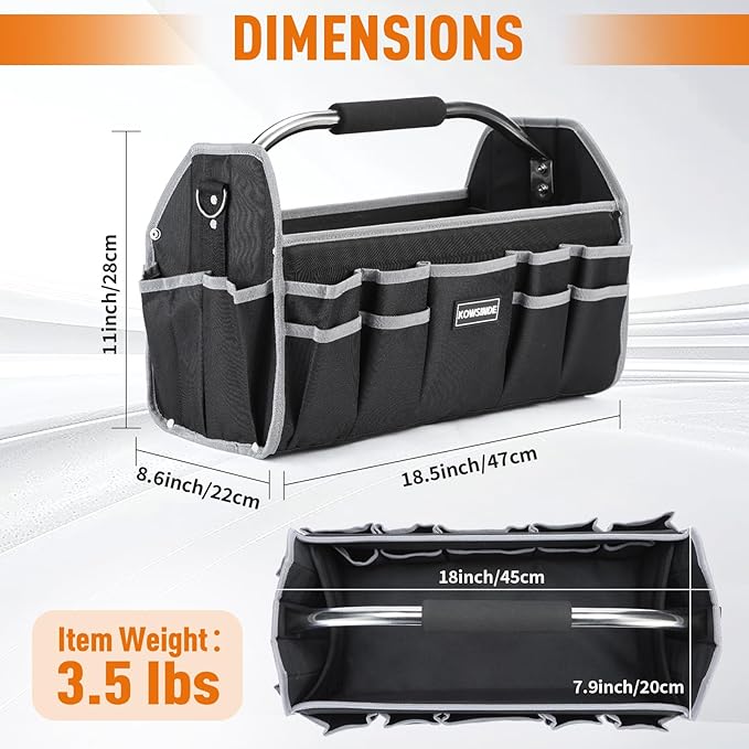 18 Inch Tool Bag, Electrician Tool Bag, Open Top Tool Bags, 26 Pockets Can Hold Many Tools, Steel Handle and Removable Shoulder Strap