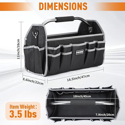 18 Inch Tool Bag, Electrician Tool Bag, Open Top Tool Bags, 26 Pockets Can Hold Many Tools, Steel Handle and Removable Shoulder Strap