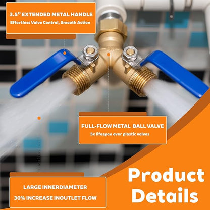 Brass Hose Splitter 2 Way Heavy Duty Garden Hose Splitter with 304 Stainless Steel Long Handle Outdoor Full Flow Hose Splitter Connector Brass Y-Valve Water Garden Hose Adapter 3/4" GHT Threads