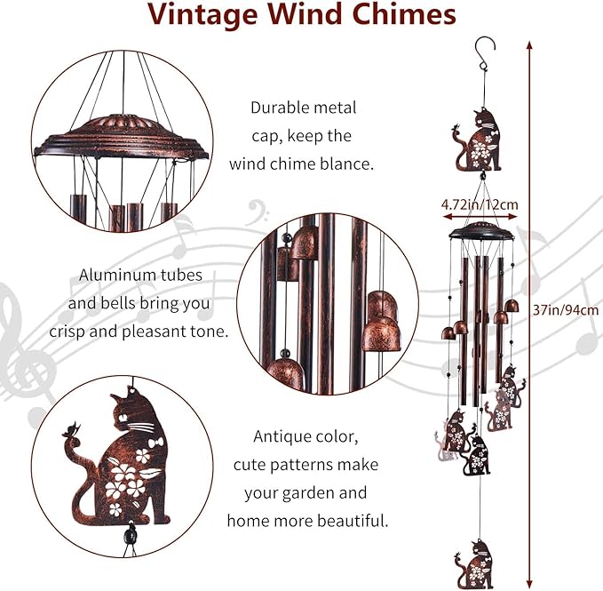 Cat Wind Chimes for Outside, Metal Windchimes Outdoors Clearance with 4 Aluminum Tubes, Garden Patio Yard Home Decor, Cat Gifts for Pet Lovers Women Men Mom Grandma, Unique Festival Birthday Gift