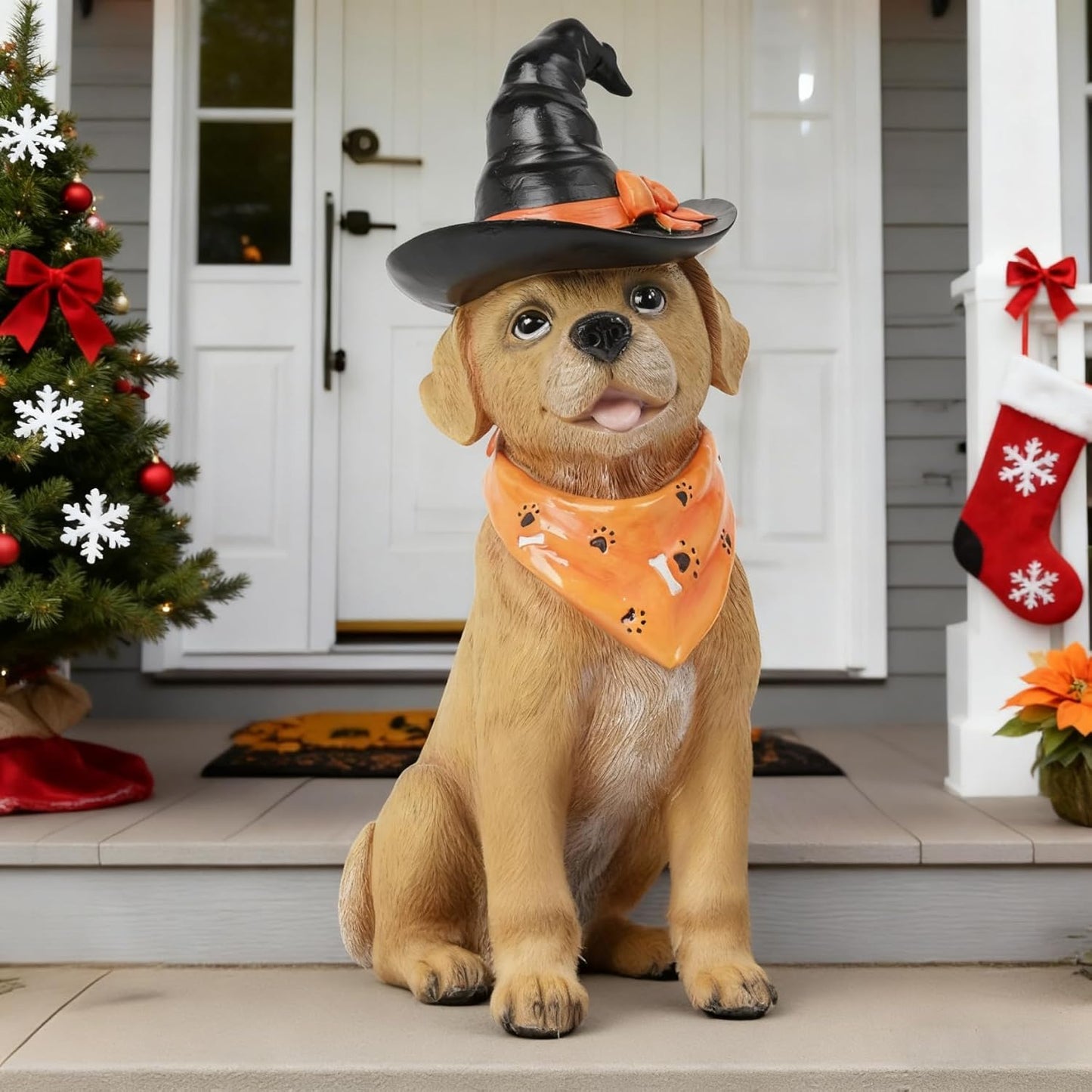 Halloween Decorations Indoor Dog Statue - Halloween Decor Figurine for Outdoor Indoor Mysterious Gothic Tabletop Puppy Sculpture Witch hat, Spooky Gifts Ghost Garden Decorations Rottweiler 5x7x13INCH