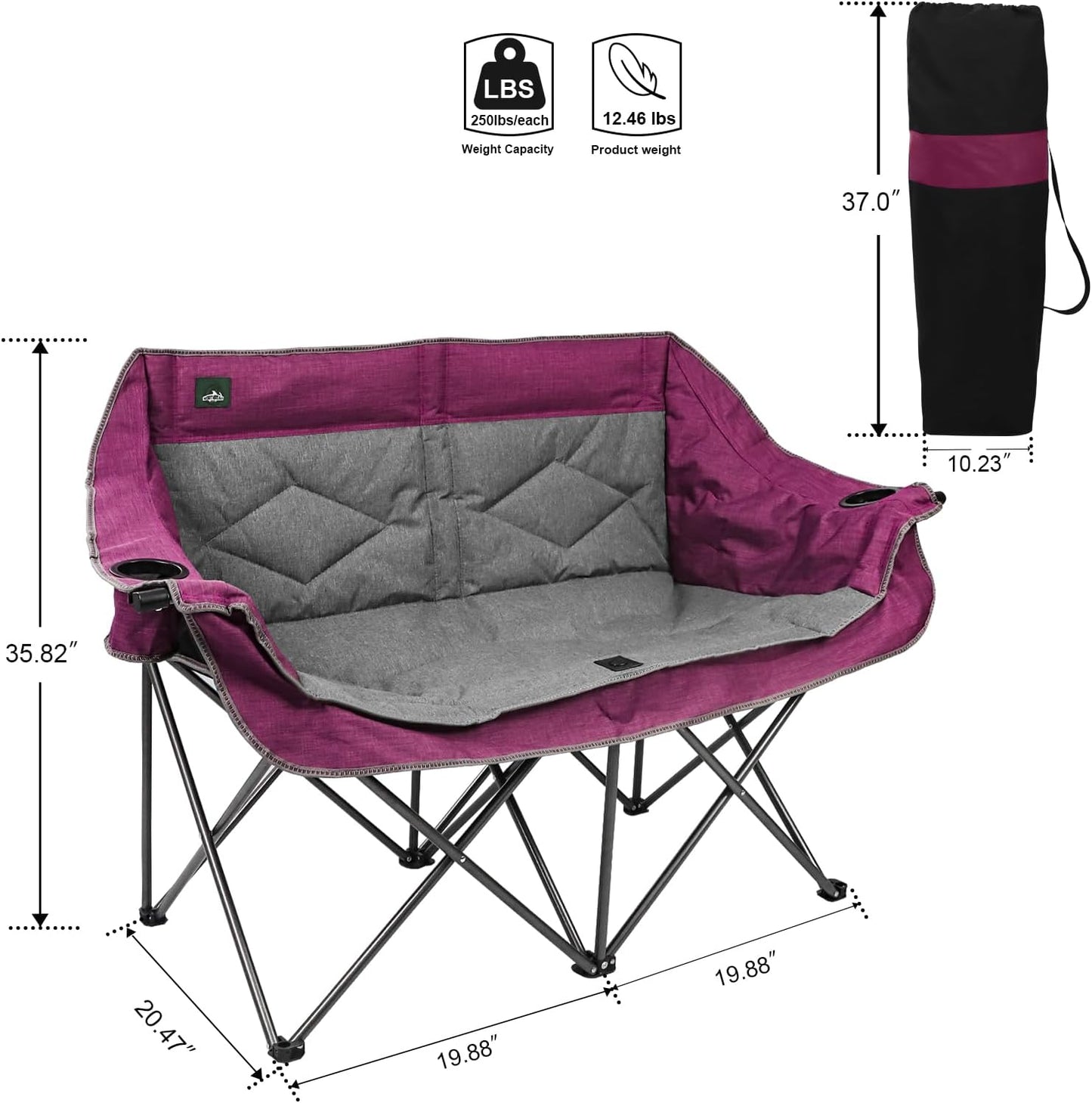 Northroad Folding Loveseat Camping Chair Portable Double Duo Full Padded Garden Sofa Chair for 2 Person w/ 2 Cup Holder,Wine Glass Holder,Support 600lbs for Outdoor Travel (Purple)