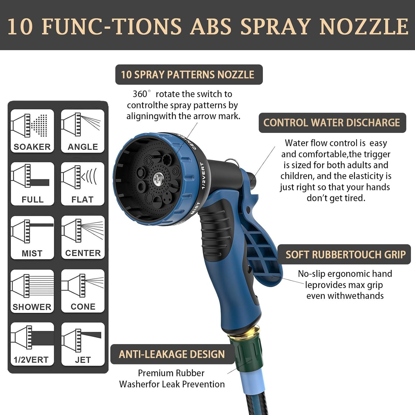 Heavy Duty Non-Expanding Garden Hose 50ft - Durable Reinforced Water Hose with Leak-Proof Construction ， Kink-Resistant, TPV material, 10-Function Spray Nozzle, 3/4" Connector & Portable Strap（50FT)