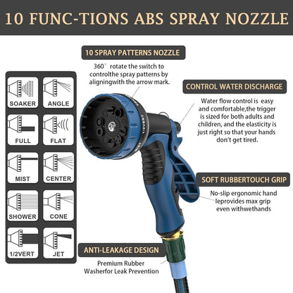 Heavy Duty Non-Expanding Garden Hose 50ft - Durable Reinforced Water Hose with Leak-Proof Construction ， Kink-Resistant, TPV material, 10-Function Spray Nozzle, 3/4" Connector & Portable Strap（50FT)