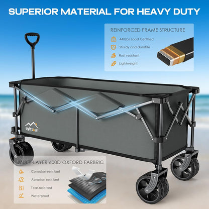 300L Extra Large Collapsible Foldable Wagon, 440lbs Load Capacity 48''L Extended Heavy Duty Folding Beach Wagon with Big All-Terrain Wheels, Utility Garden Cart for Outdoor Activities, Gray