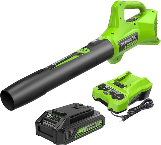 Greenworks 24V (90 MPH / 320 CFM / 150+ Compatible Tools) Cordless Axial Leaf Blower, 2.0Ah Battery and Charger Included