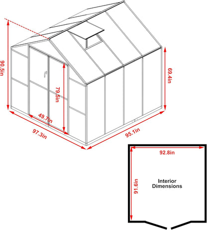 BlueWish 8x8FT Greenhouse for Outdoors, Greenhouses with Adjustable Vents, Lockable Door, Outdoor Aluminum Greenhouse Kit with Polycarbonate Panel, Walk-in Green House for Garden, Backyard, Gray
