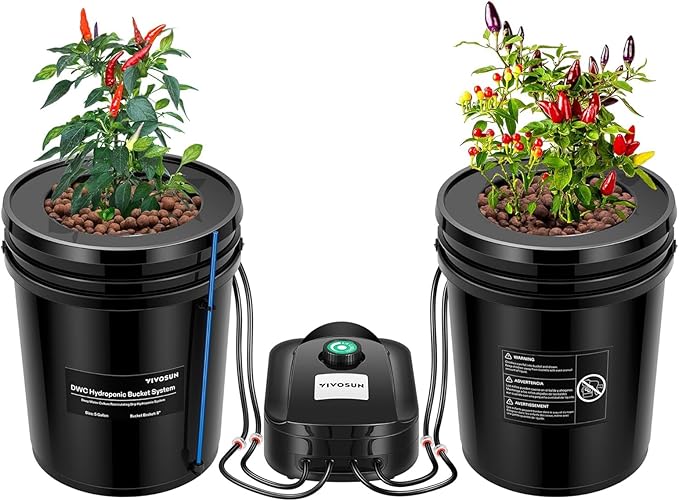 VIVOSUN DWC Hydroponics Grow System with Top Drip Kit, 5-Gallon Deep Water Culture, Recirculating Drip Garden System with Multi-Purpose Air Hose, Air Pump, and Air Stone (2 Buckets + Top Drip Kit)