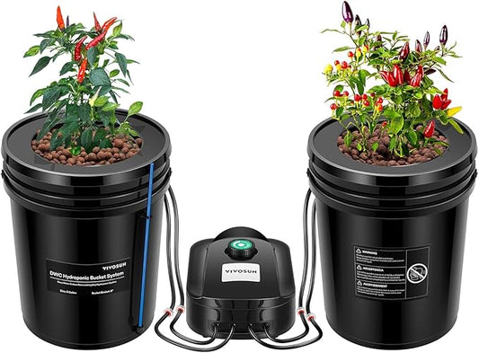 VIVOSUN DWC Hydroponics Grow System with Top Drip Kit, 5-Gallon Deep Water Culture, Recirculating Drip Garden System with Multi-Purpose Air Hose, Air Pump, and Air Stone (2 Buckets + Top Drip Kit)