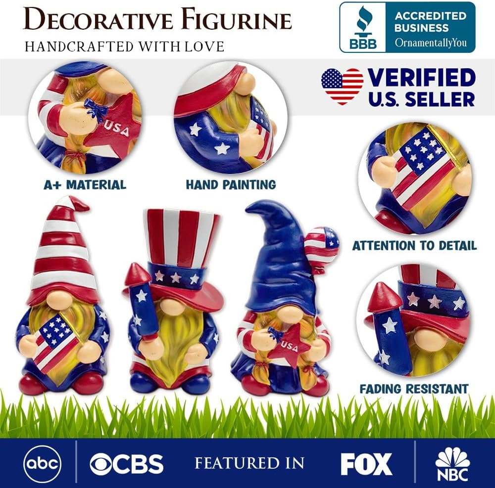 OrnamentallyYou Spring & Summer-Themed Garden Statues – Adorable Outdoor Decor for Lawn, Patio & Porch (Patriotic Gnome Trio Figurines, 6" Set of Three Garden Statues and July 4th Decoration)