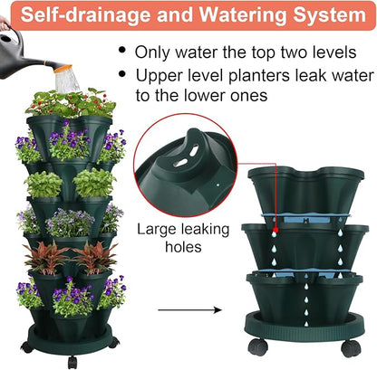 Vertical Planter 6 Tier Stackable Planters Garden Planters Strawberry Herb Flower and Vegetable Planter Indoor Outdoor Gardening Pots with Removable Wheels and Tools