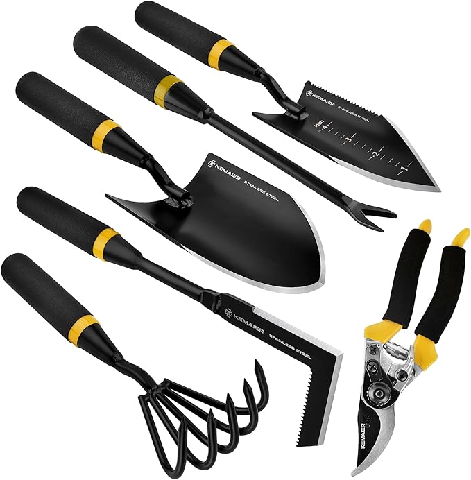 6-Piece Garden Tool Set with Storage Box, Heavy Duty Stainless Steel Gardening Hand Tools for Planting Weeding Digging, Includes Trowel, Shovel, Cultivator, Weeder, Pruner and More