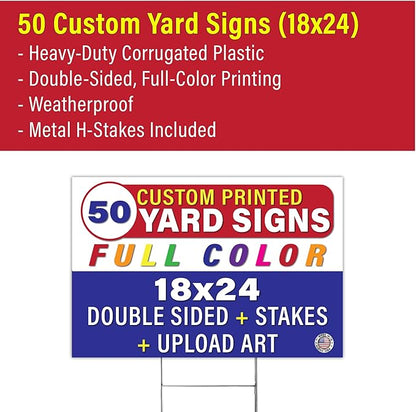 Personalized 18x24" Yard Signs, Double Sided Printing, Metal Stake Included, by Legit Fast Printing (50pk)