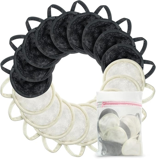 Nugilla 18 Packs Reusable Makeup Remover Pads with a Washable Laundry Bag, Resuable Microfiber Round Towel Skin Face Towels, Soft Makeup Remover Cloth, Fast Drying Washcloth (Grey/White)