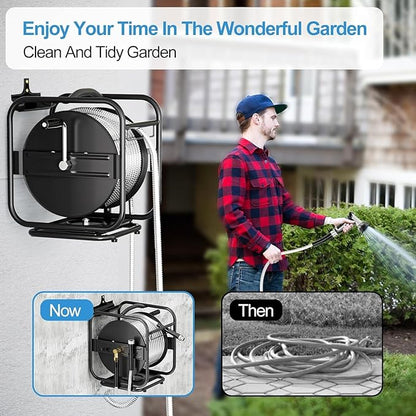 100ft Retractable Garden Hose Reel, Wall Mounted Metal Garden Hose Reel, Heavy Duty Stainless Steel Hose Reel with 9-Pattern Nozzle for Outside, Portable & 360° Rotation Frame