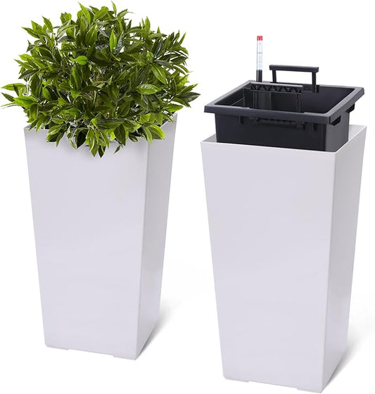 GarveeLife 22.5 in Tall Planters Set of 2, Outdoor＆Indoor Black Planter Pots, High Front Porch Planter Pots with Drainage Holes＆Water Level Monitor＆Inner Bucket, Automatic Watering, White