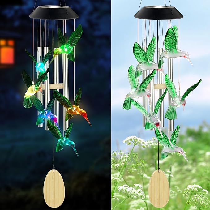 Hummingbird Decorative Mobiles Gifts, Solar Hummingbird Wind Chimes, Gifts for Mom, Women, Grandma, Garden Courtyard Lawn Decor, Gift for Christmas and New Year