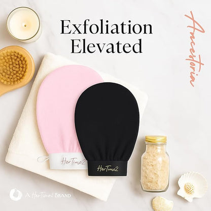 Ancestoria Korean Exfoliating Gloves for Shower, Pink and Black, 2-Pack, Deep Exfoliating Mitts for Body, Reusable and Chemical-Free, A HerTime2 Brand