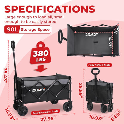 Collapsible Wagon Cart with Wheels Foldable,11 Lbs Lightweight Portable Folding Utility Wagon,90 L Heavy Duty Grocery Shopping Carts,Versatile for Garden Sports Camping Outdoor Use (Black Gray)