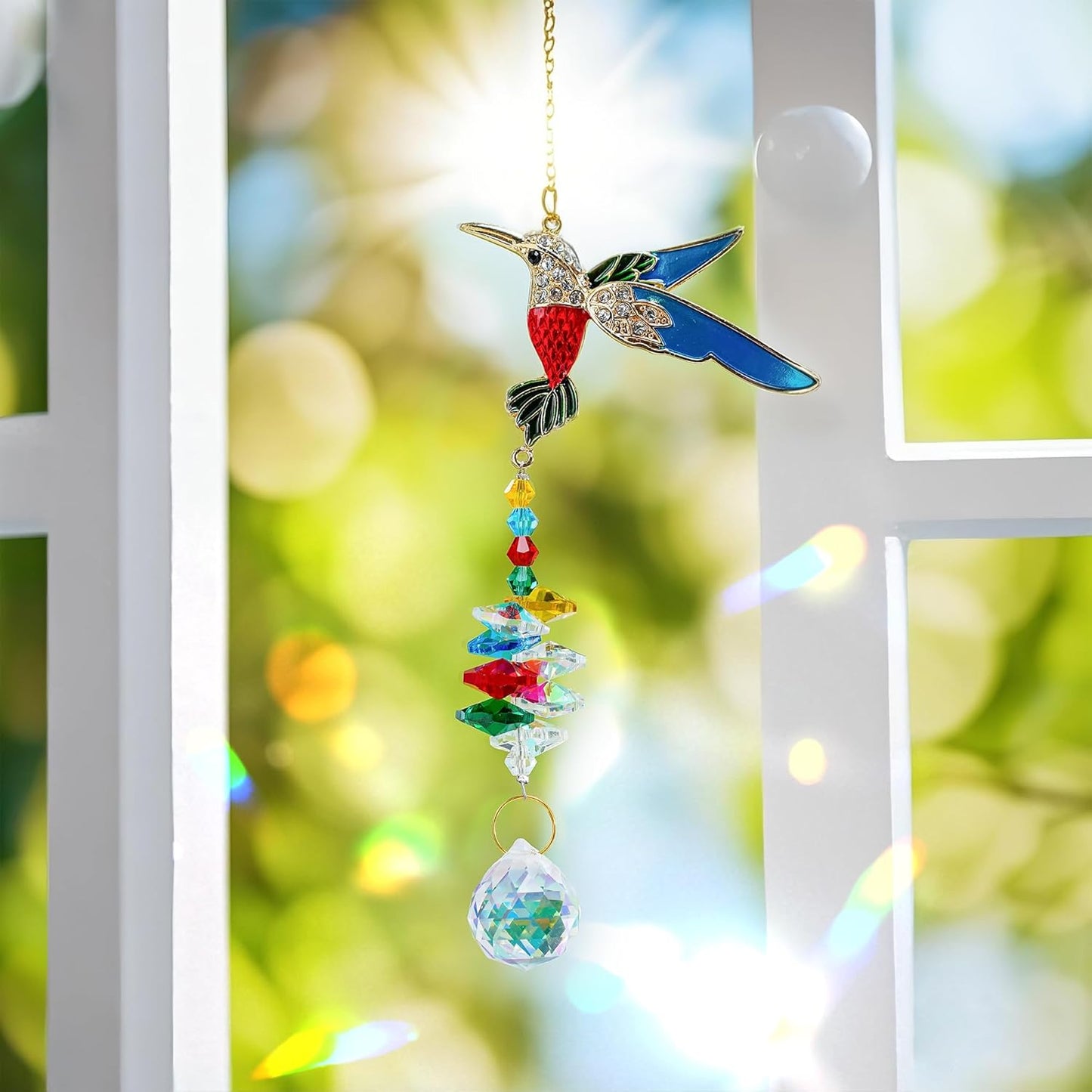 H&D HYALINE & DORA Sparkling Rhinestones Hummingbird Sun Catcher with Crystal Hanging Ornament Rainbow Prisms for Windows Home Garden Party Decor