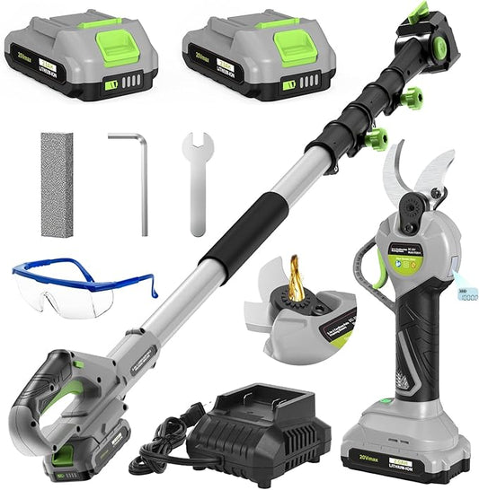 2 In 1 Pole Pruning Shears Cordless, Electric Pruning Shears with LCD Display, 8.8ft Extendable Pole for Tree Trimming, with 2 Pack 2000mAh Batteries and Goggles